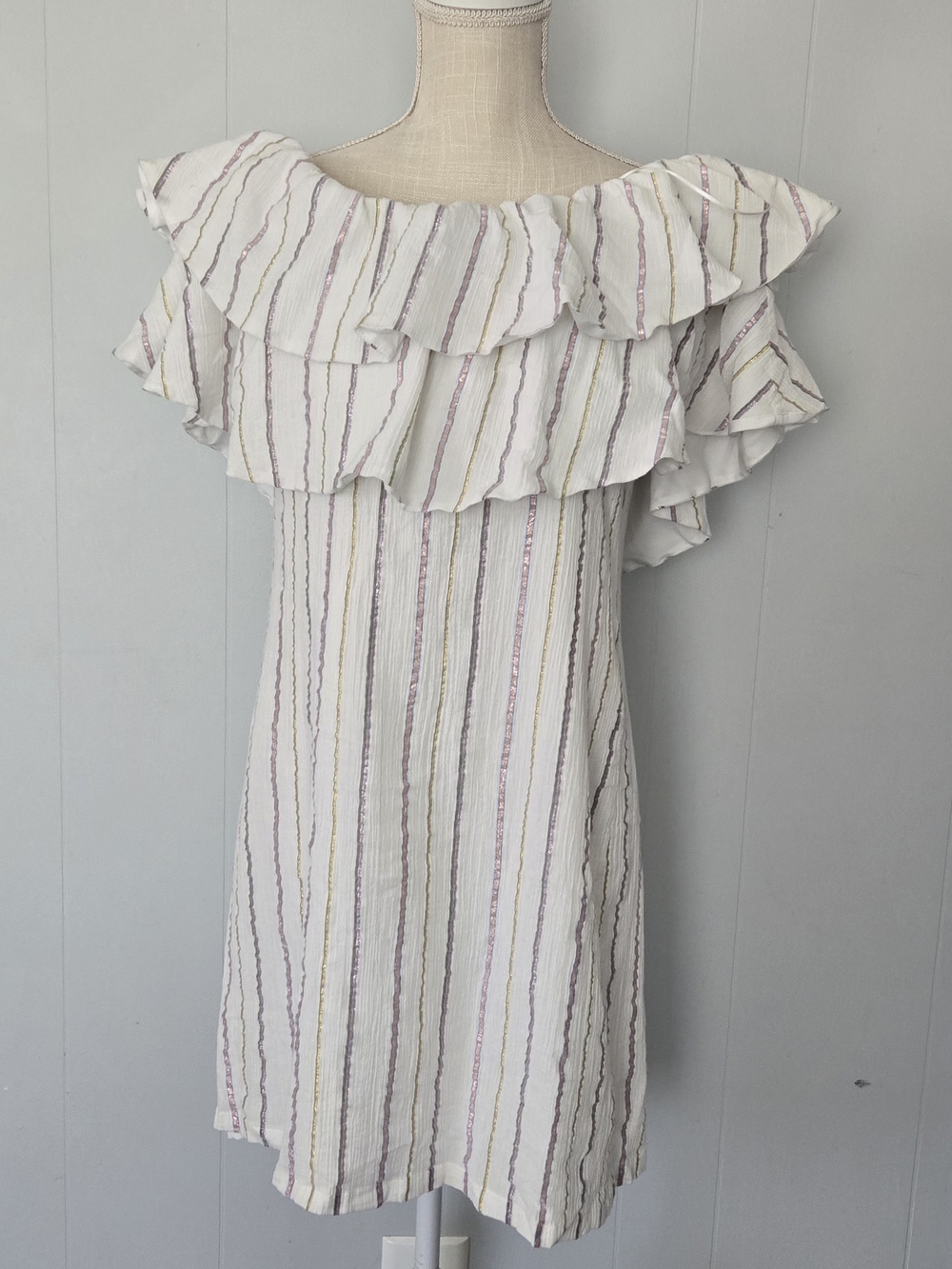Metallic Stripe Off The Shoulder Popover Dress